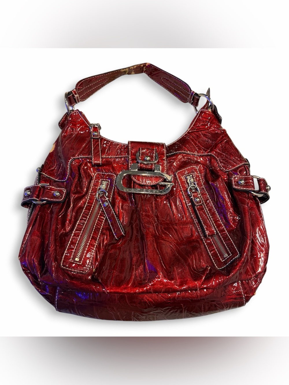 Vintage Y2K Red Synthetic Alligator Leather Guess Large Purse Silver Accents